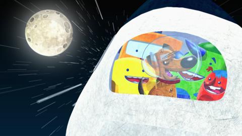 A spaceship filled with a dog and various colourful aliens speeding to the moon.