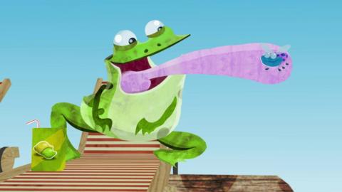 A speckled frog sat on a deck chair with its tongue all the way out catching a fly to eat.