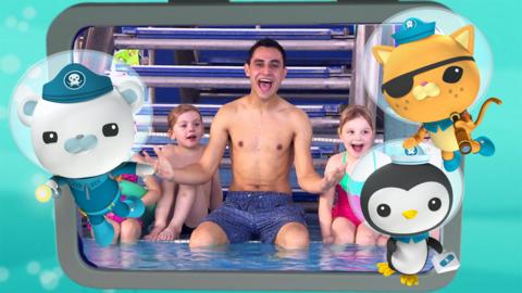 The Octonauts in front of an image of Ben sitting by a swimming pool