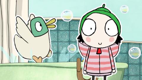 Sarah and Duck in the bathroom