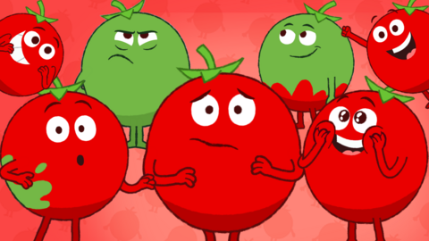 Various illustrations of Tomato from Supertato in different poses.