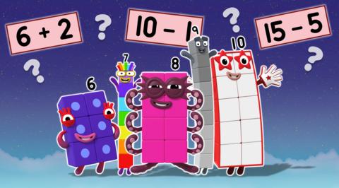 Numberblocks 6,7,8,9 and 10 are all smiling looking at the camera. They have 3 sums above them with question marks dotted inbetween on a nighttime background.