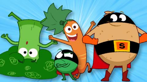 Illustration of a spud wearing a super belt and cape, a carrot jumping in the air with a big grin, a pea looking evil and angry towards the spud, and a broccoli that is upside down- all characters from Supertato.