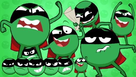 Green background with multiple illustrations of Evil Pea, a pea from Supertato.