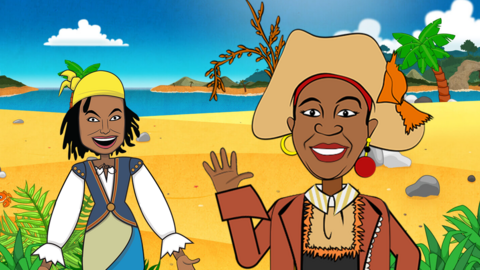 Cartoons of Captain HeyHo and Gem are smiling to camera, behind them is an island.