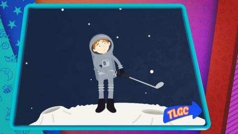 Cartoon man playing golf in space