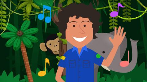 An illustrated Andy, monkey and elephant, a frog piano and music notes on a jungle background.