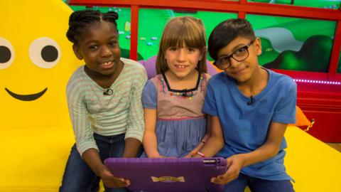 Apple Tree House, Sam, Bella and Mali in the CBeebies House.