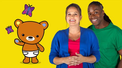 Baby Bear, Giovanna and Nigel from CBeebies The Baby Club.