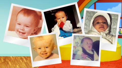 Polaroid photos of the CBeebies presenters as babies.