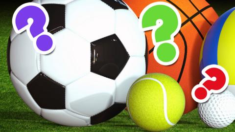 An assortment of balls including a football, tennis ball, golf ball and basketball with three question marks in front of them.