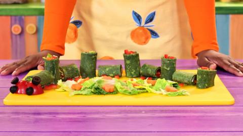 A photo of a vegetable caterpillar wrap recipe from Big Cook Little Cook.