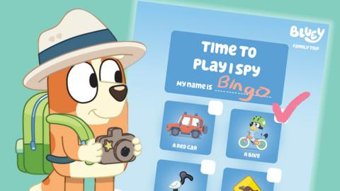 Bingo from the cartoon Bluey, she is a small orange dog and she is wearing a safari hat and holding a camera. A checklist sheet has a Red Car and a Bike with a few more images, too.