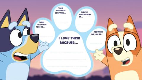 Bluey and Bingo, illustrated dogs are on the side of the screen. There is a paw print behind them with text spaces to fill in.