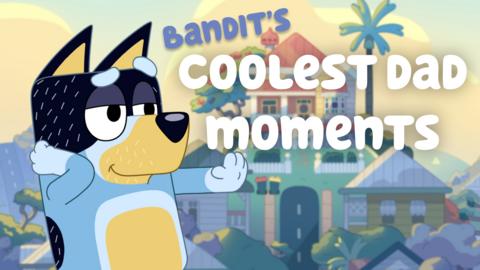 Bandit, an older blue cartoon dog, strikes a pose with one arm behind his head and one out stretched, dancing.