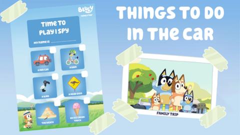 A sheet with items to spot in a game of I Spy, plus a picture of Bluey and her family.