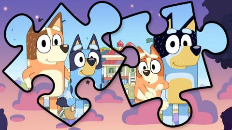 Bluey, Bingo, Dad and Mum are shown in jigsaw pieces.