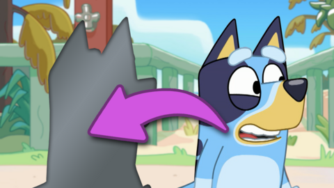 An arrow pointing a sticker of bluey to a bluey shaped hole