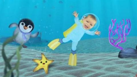 Baby Jake swimming with Pengy Quin