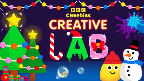 Christmas trees, a snowman, santa hats and other christmas decorations surround text that reads Creative Lab.