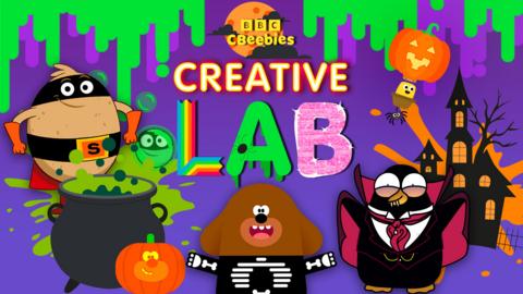 CBeebies Creative Lab game, with Supertato, Piripenguins and Hey Duggee dressed up for Halloween.