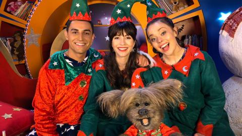 CBeebies House presenters dressed as Christmas elves.