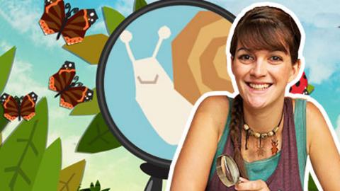 Jess with a magnifying glass with cartoon butterflies and a snail in the background.