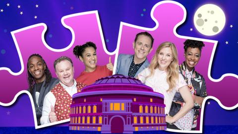 CBeebies Prom jigsaw puzzle game image, Nigel, Justin Fletcher, Cat, Chris, Maddie Moate and YolanDa