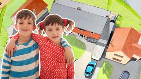 Topsy and Tim in front of a map of their new home