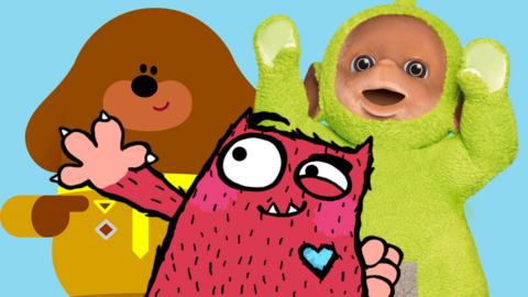 Hey Duggee, Love Monster and Dipsy from Teletubbies all in one image.