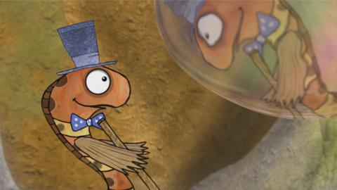 Bertrum the butterfish from Old Jack's Boat: Rockpool Tales staring at his reflection in a bubble.
