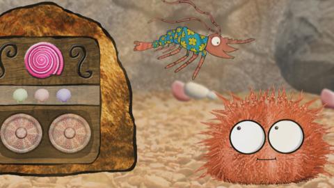 Sheena the shrimp from Old Jack's Boat: Rockpool Tales next to her musical rock and a visitor.