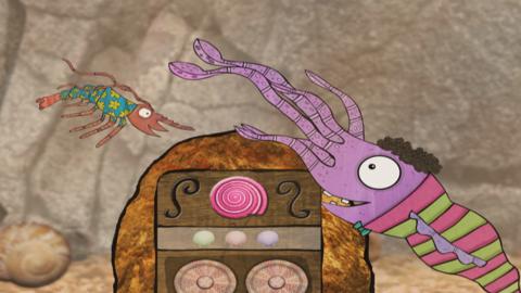 Sheena the shrimp from Old Jack's Boat: Rockpool Tales is with a smiling squid