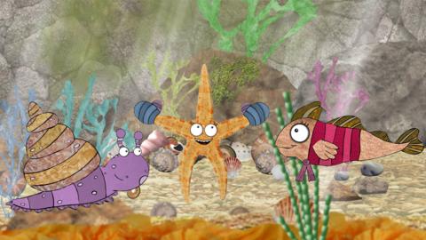 Sidney the snail, Belinda the Blenny and Sally the starfish inside the rockpool.