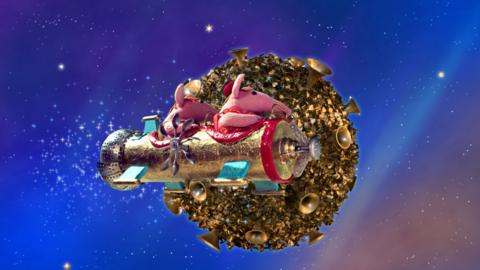 Mother and Major Clanger from The Clangers flying around a golden planet in their rocket.