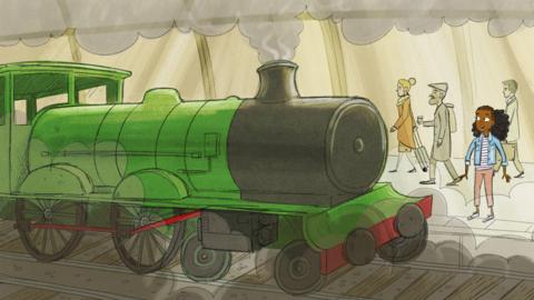 Enna Gee is at the train station and is looking at a big green steam train.