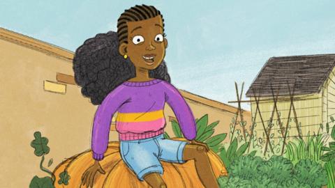 Enna Gee is in her Dad's allotment and surrounded by fruit and vegetables he grows.