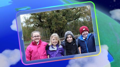 A screen displaying the Go Jetters: Radio Recruits in front of Major Oak in Sherwood Forest.