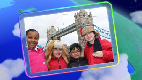 A screen displaying the Go Jetters: Radio Recruits from Tower Bridge.