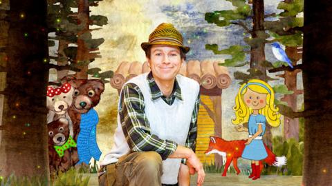 Mr Bloom from CBeebies Goldilocks And The Three Bears with the title characters in front of a woodland scene.