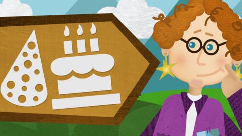 A signpost with a slice of pizza and a birthday cake on it next to Mrs Whichway.