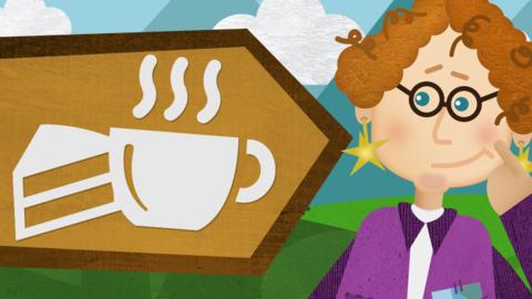 A signpost with a slice of cake and cup of tea on it next to Mrs Whichway.