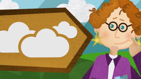 A signpost with clouds on it next to Mrs Whichway.
