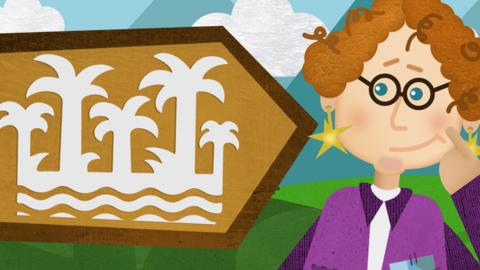 A signpost with a row of trees and water on it next to Mrs Whichway.