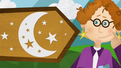 A signpost with a moon and stars next to Mrs Whichway
