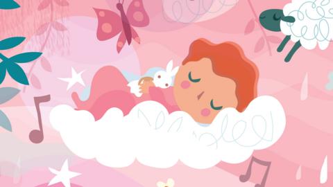 The baby from this story asleep on a cloud with music notes and a sheep in the backgroun