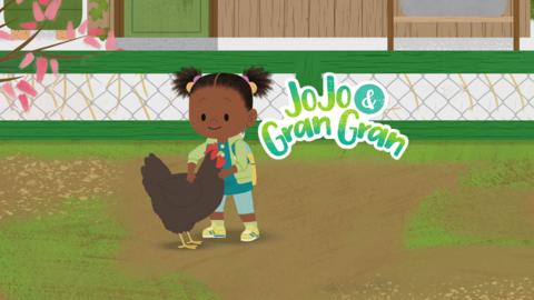 JoJo is on a farm standing next to a chicken