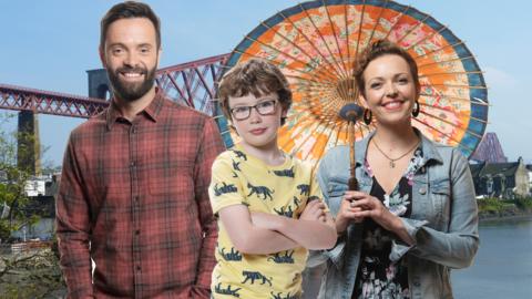 James, Magnus and Alice from Molly and Mack are standing in front of Bridgetown