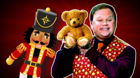 Justin Fletcher and a nutcracker doll from CBeebies The Nutcracker.