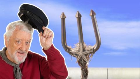 Jack from Old Jack's Boat raising his cap with a trident.